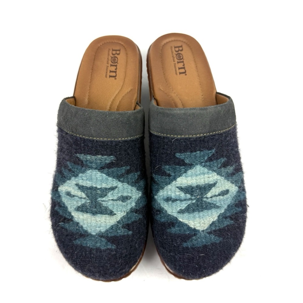 Born Bandy Shoes 9 Blue Wool Aztec Southwestern Slip On Mules Womens‎ Comfort